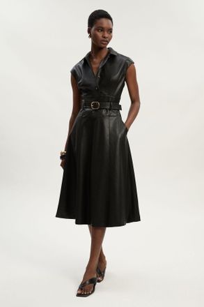 Karen Millen Womens Faux Leather Belted Midi Dress - Black - Size 12 UK