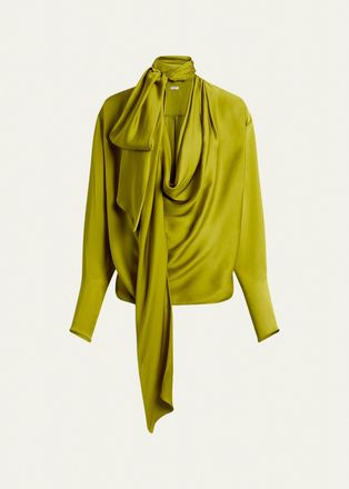 Balmain Long-Sleeve Draped Mousseline De Soie Neck-Scarf Blouse