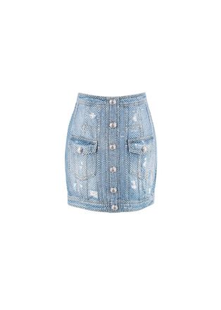 Balmain Crystal embellished denim mini skirt Size S