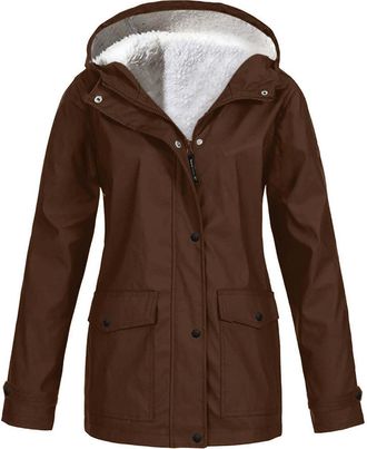 Generic Lightweight Waterproof Jacket, Fleece Lined Hooded Rain Coat Winter Warm Outdoor Raincoat with Pockets for Hiking Walking, Ladies Casual Long Sleeve L
