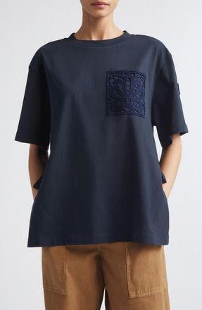 Moncler Lace Trim Cotton T-Shirt in Navy Blue at Nordstrom, Size Xx-Large