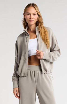 Zella Ultra Soft Ruched Sleeve Zip Jacket in Grey Moonbeam at Nordstrom, Size Xx-Large