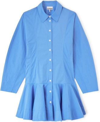 Ganni Stretch Katoenen Mini Overhemdjurk - Dames - Shirt Kleedjes - Blauw - S - Katoen - Kleedjes