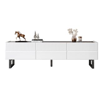 STILVORA Mueble De Tv Con 3 Cajones Y Patas De Hierro, Tablero Brillante, Estilo Minimalista, 170&times;35&times;47 Cm, Negro Blanco