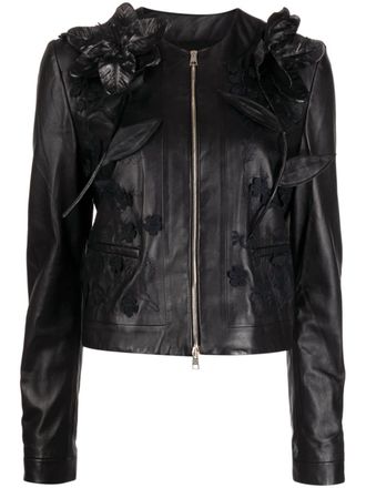 Elie Saab floral-embroidered leather jacket - women - Lambskin - 40 - Black
