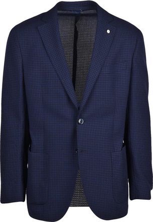 L.B.M. 1911 Blue Structured Deep Checkered Wool-Blend Blazer