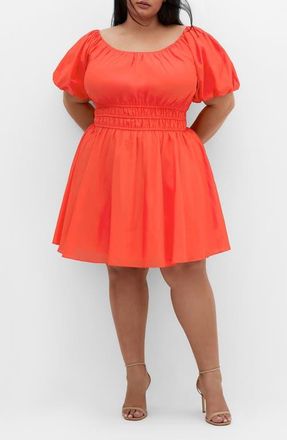 City Chic Lillian Puff Sleeve Cotton Fit & Flare Dress in Sunset Coral at Nordstrom