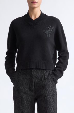 Cecilie Bahnsen Drusilla Embroidered Bow Wool Sweater in Black at Nordstrom, Size Medium