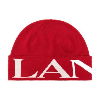 Lanvin Wollen Geribbelde Muts met Logo Print - Dames - Hoeden - Rood - ONE Size - Wol - Accessoires