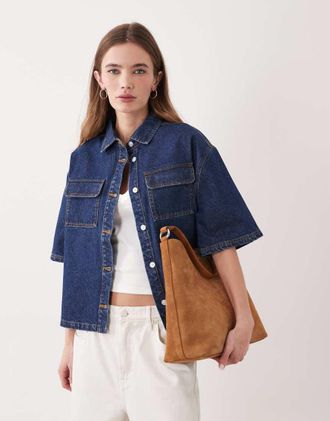 Miss Selfridge Camicia squadrata in denim lavaggio indaco-Nero