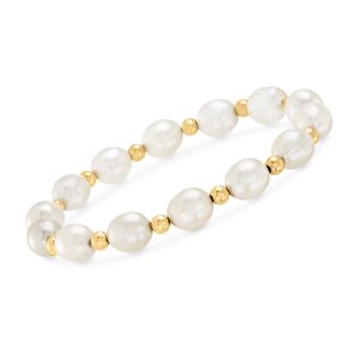 Ross-Simons 8-9mm Cultured Pearl and 14kt Yellow Gold Bead Bracelet