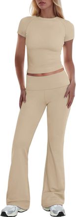 Generic Womens Tracksuits 2 Piece Y2k Outfits Short Sleeve Crop Top and Low Rise Fold Over Flare Yoga Pants Lounge Sets S-L Beige