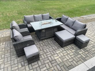 Fimous Wicker PE Rattan Garden Furniture Set Gas Fire Pit Dining Table Indoor Outdoor with Chair Loveseat Sofa 3 Footstools in Dark Grey