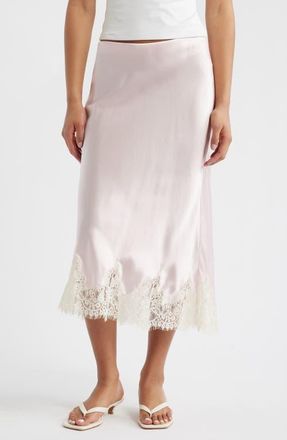 Reformation Carolina Lace Trim Silk Midi Skirt in Cherry Blossom at Nordstrom, Size X-Large