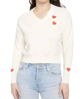 27 Miles Malibu Lilla V Neck Sweater With Embroidered Hearts In Cloud