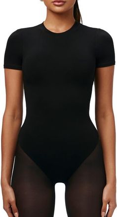 Naked Wardrobe Smooth Crewneck Bodysuit in Black at Nordstrom, Size X-Large