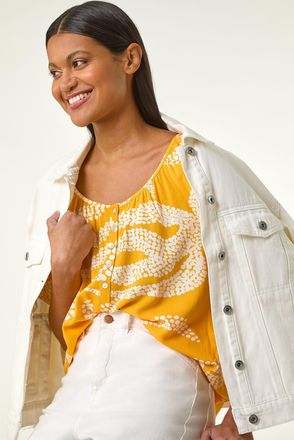 Roman Leaf Print Button Detail Top