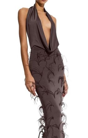 Sally Lapointe Lightweight Jersey Deep Cowl Neck Gown With Feathers Size S