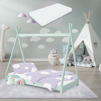 ML Design Ml-design - Cama Infantil Tipi Verde Menta Con Colch&oacute;n De Espuma Fr&iacute;a Hipoalerg&eacute;nico 70x140 Cm Somier Estructura Listones De Madera Maciza De Pino Par