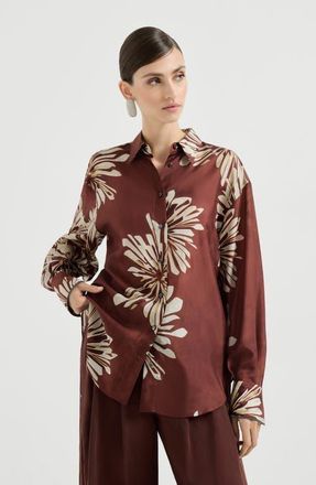 Brunello Cucinelli Bloom print pongee shirt in Bordeaux at Nordstrom, Size 3X-Large Eu