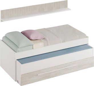 Dmora Letto singolo, Struttura letto per cameretta, Letto singolo con lettino estraibile e cassettone e mensola abbinata, cm 199x96h65, Bianco