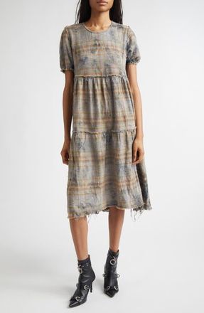 R13 Plaid Shredded Relaxed Cotton Flannel Midi Dress in Overdyed Light Blue Plaid at Nordstrom, Size X-Small