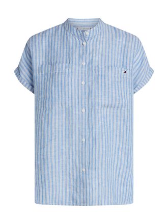 Tommy Hilfiger Kurzarmbluse ESS LINEN COLLARLESS S/S BLOUSE mit Logostickerei,k&uuml;hlendes Premium Leinen