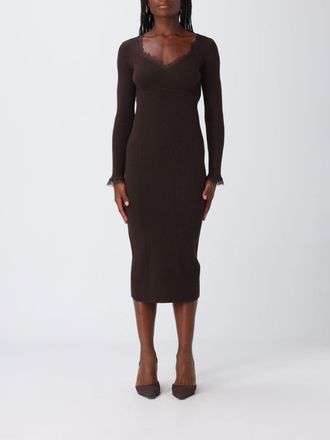 Twinset Ribbed-Knit V-Neck Midi Dress with Lace Inserts