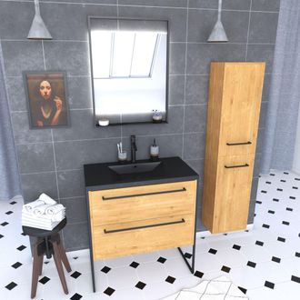 Aurlane Mueble De Ba&ntilde;o 80 Cm, Lavabo Negro, Espejo Led Y Columna - Roble Natural