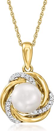Ross-Simons 7mm Cultured Pearl Love Knot Pendant Necklace With Diamonds in 14kt Yellow Gold