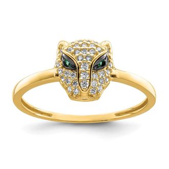 Diamond2Deal 14k Yellow Gold Green & White Cubic Zirconia Lioness Head Ring