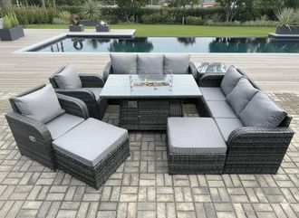 Fimous Rattan Outdoor Furniture Gas Fire Pit Rectangle Dining Table Gas Heater Adjustable Reclining Chair 3 Seater Sofa Sets in Dark Grey