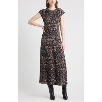 Nordstrom Shirred Cap Sleeve Maxi Dress in Black Multi Feather Abstract at Nordstrom, Size Xx-Large