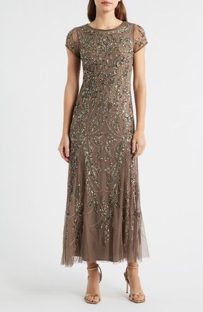 Pisarro Nights Beaded Mesh Midi Cocktail Dress in Mocha at Nordstrom, Size 14