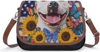 Generic Dog Butterfly Sunflower U.S.A Flag Crossbody Bags for Women Fashion Leather Shoulder Handbags With Adjustable Strap