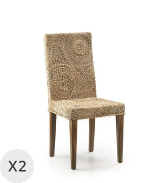 Moycor Set de 2 sillas de madera de caoba marr&oacute;n y rat&aacute;n beige