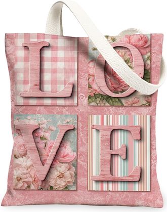 Generic Floral Canvas Tote Bags, Vintage Flowers Pattern Reusable Grocery Bags, Lightweight Washable Shoulder Strap Canvas for Shop, Peach, 13x15 Inch