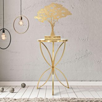 Dmora Mesa De Sal&oacute;n Balesosa, Dise&ntilde;o Con Mariposa, Forma Redonda, Color Transparente, 35x35x60h Cm Oro