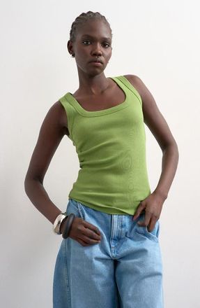 Topshop Square Neck Stretch Cotton Rib Tank in Medium Green at Nordstrom, Size X-Small