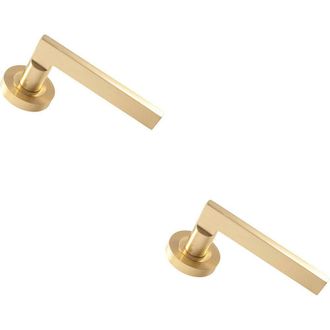 Loops 2x PAIR Straight Plinth Mounted Handle on Round Rose Concealed Fix Satin Brass in Metallics