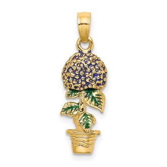 Diamond2Deal 14k Yellow Gold 3-D Enameled Lavender Hydrangea Flower In Pot Charm Pendant