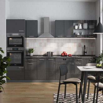 Vicco Mueble De Cocina R-line, Antracita Brillo Intenso/antracita, 300 Cm Con Armario Alto, Sin Encimera, Vicco