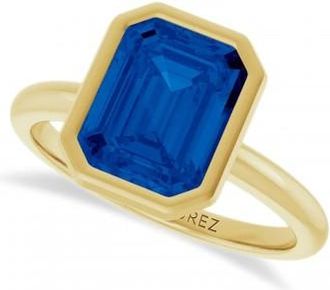 Allurez Emerald Cut Lab Grown Blue Sapphire Fashion Ring 14K Yellow Gold (3.00ct)