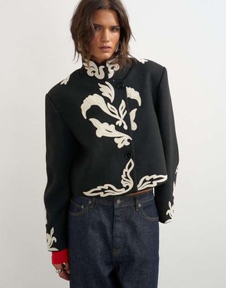 Topshop giacca ricamata a contrasto nera-Nero