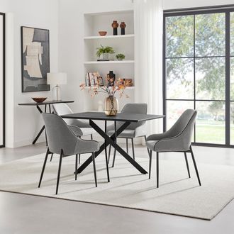 Furniturebox Leonardo Black Top Dining Table & 4 Beaumont Grey Fabric Chairs