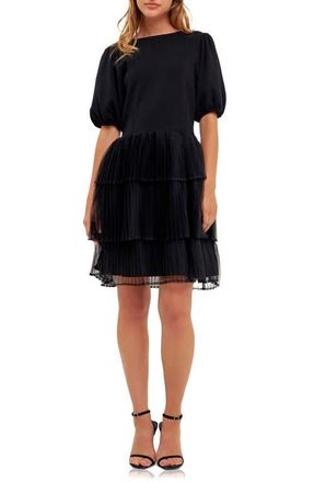 English Factory Puff Sleeve Mixed Media Minidress in Black at Nordstrom, Size X-Small
