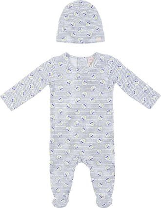 Lola Boy Cherry Print Soft Cotton Modal Romper & Hat Set in White/navy at Nordstrom, Size 6M