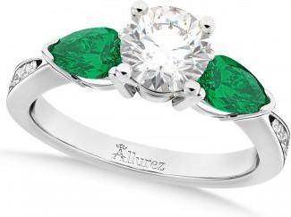 Allurez Round Diamond & Pear Green Emerald Engagement Ring 14k White Gold (1.29ct)