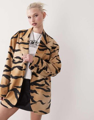 Monki oversized blazer in tiger print-Neutral