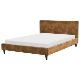 Beliani Beliani - Cama Tapizada En Piel Sint&eacute;tica Marr&oacute;n 140 X 200 Cm Marco De Listones Cabecero Estilo Moderno Fitou